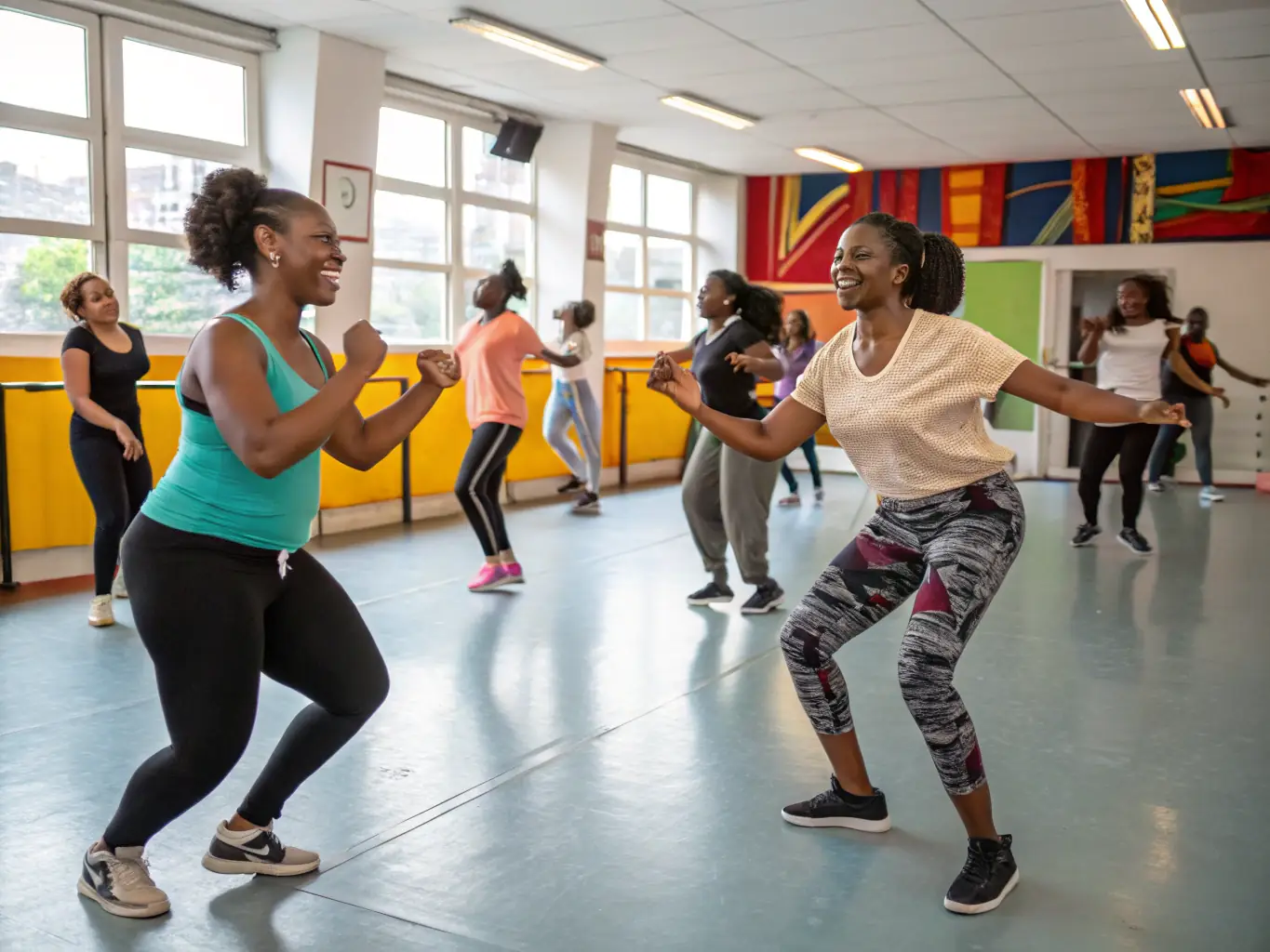A group of people participating in a dance workshop, smiling and engaged.