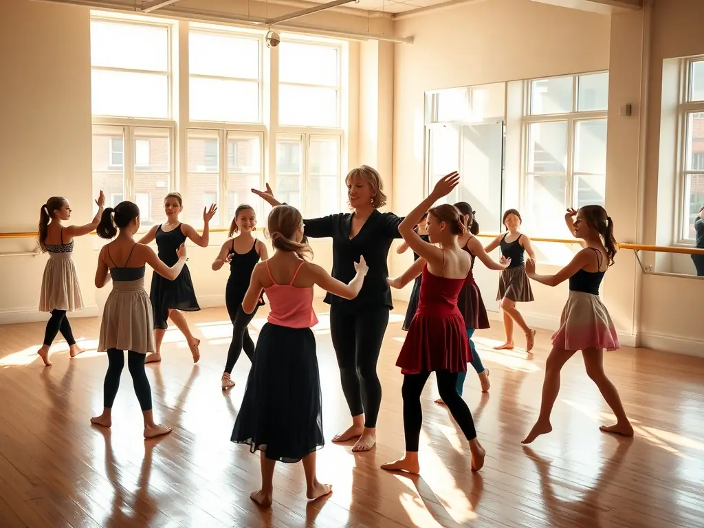 A dynamic image of a dance workshop organized by TOTAL HEAVEN, showing participants of various ages and backgrounds learning dance moves from an instructor in a spacious studio.
