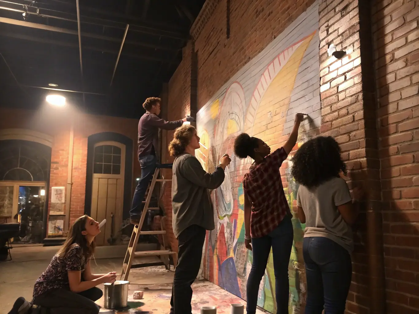 A vibrant photograph capturing a collaborative art project in action, showcasing diverse individuals working together on a large-scale mural, symbolizing the power of partnership and community engagement.