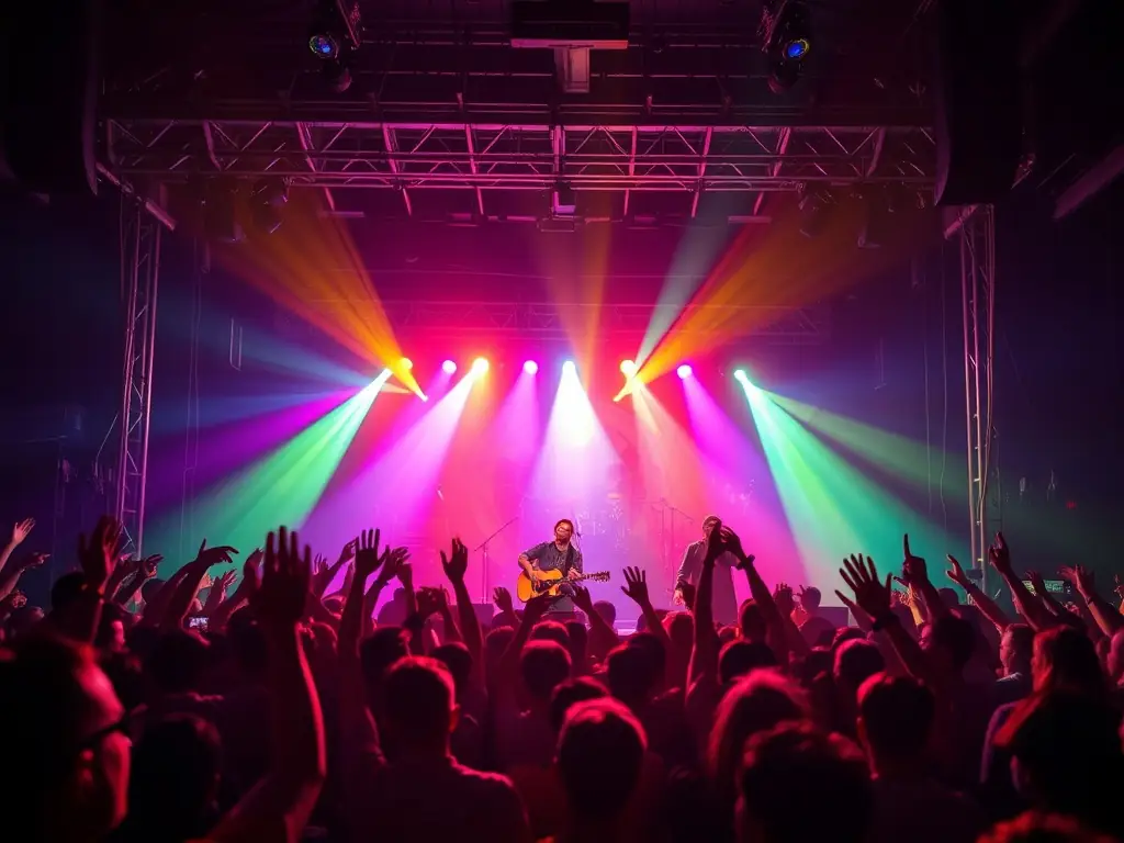 A vibrant photograph capturing a live music performance at a TOTAL HEAVEN event, showcasing musicians on stage with an engaged audience in the background, bathed in colorful stage lighting.