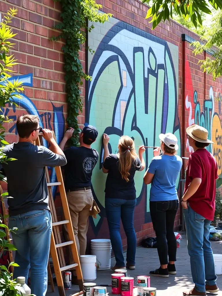 A vibrant photograph capturing a diverse group of artists collaborating on a mural project, showcasing TOTAL HEAVEN's commitment to fostering creative expression.