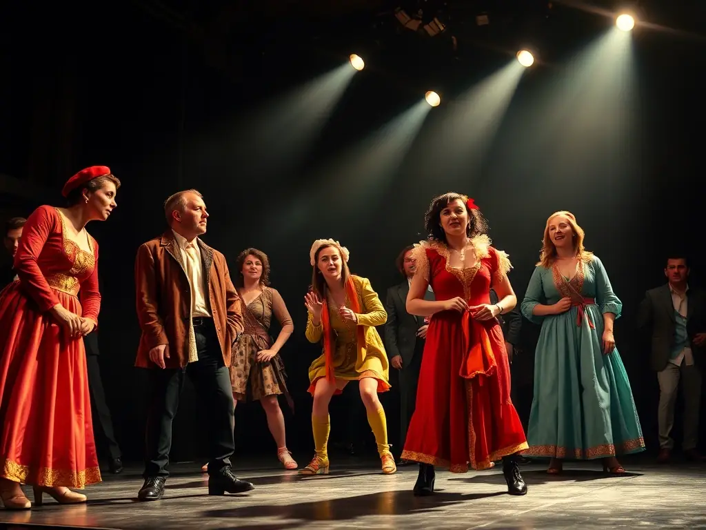 A captivating image of a theatrical performance supported by TOTAL HEAVEN, depicting actors in costume on stage during a dramatic scene, with detailed set design and lighting.