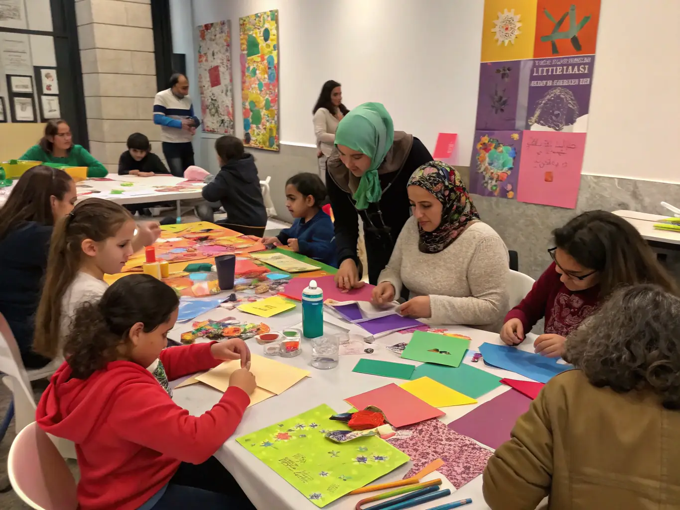 A dynamic image of a TOTAL HEAVEN workshop, where participants are actively engaged in learning new artistic skills. The setting is collaborative and inclusive, reflecting the organization's commitment to community engagement.