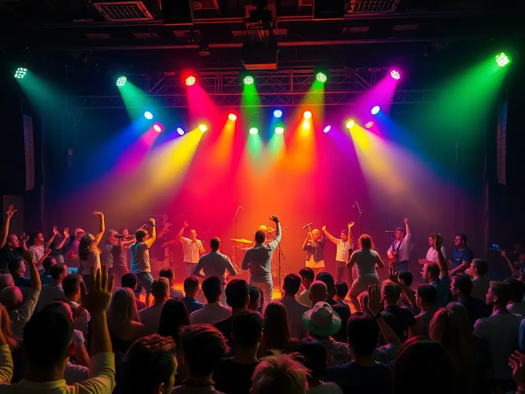 A vibrant photograph capturing a live music performance supported by TOTAL HEAVEN, showcasing musicians on stage with enthusiastic audience members in a community setting.