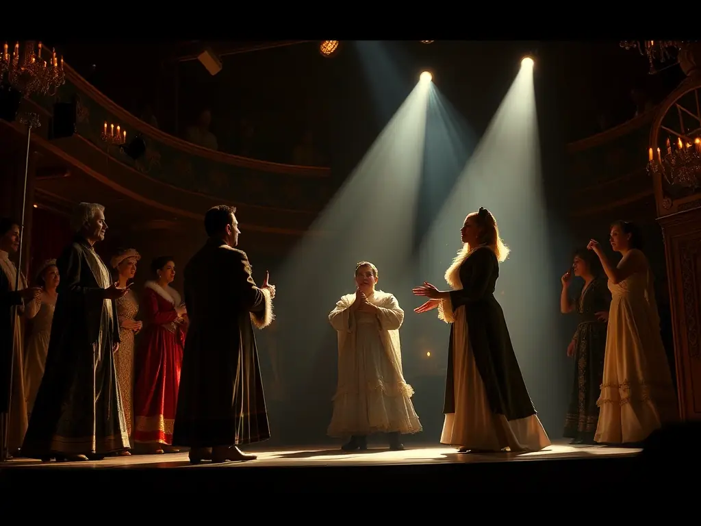 A captivating photograph of a theatrical production supported by TOTAL HEAVEN, featuring actors in costume on stage with dramatic lighting and set design.