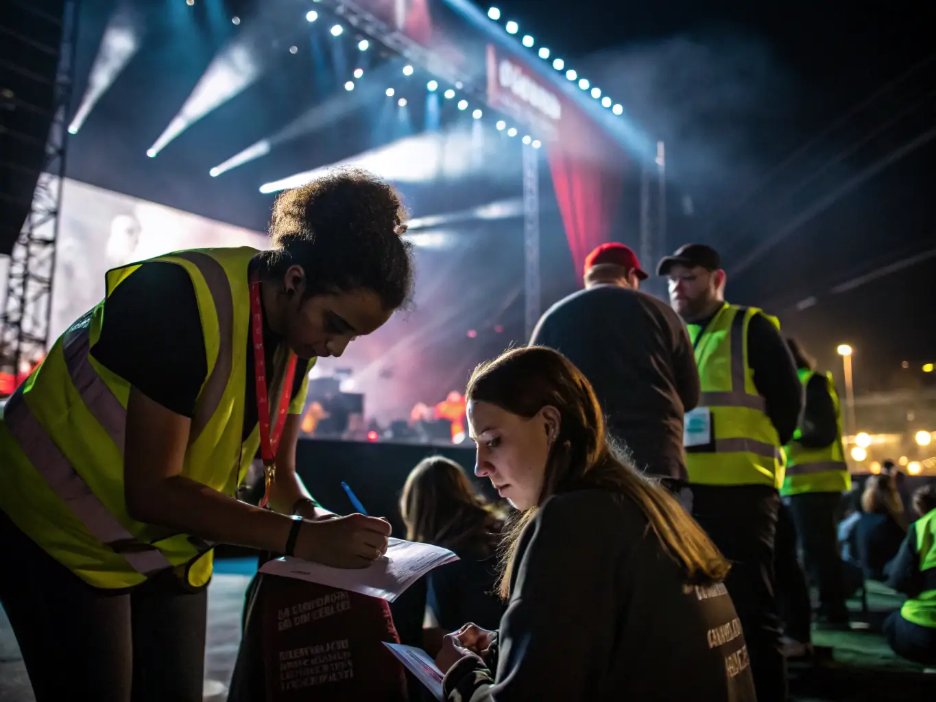 A dynamic image of artists and volunteers working together backstage at a TOTAL HEAVEN event, highlighting the organizational and technical support provided to artists, and the collaborative spirit of the organization.