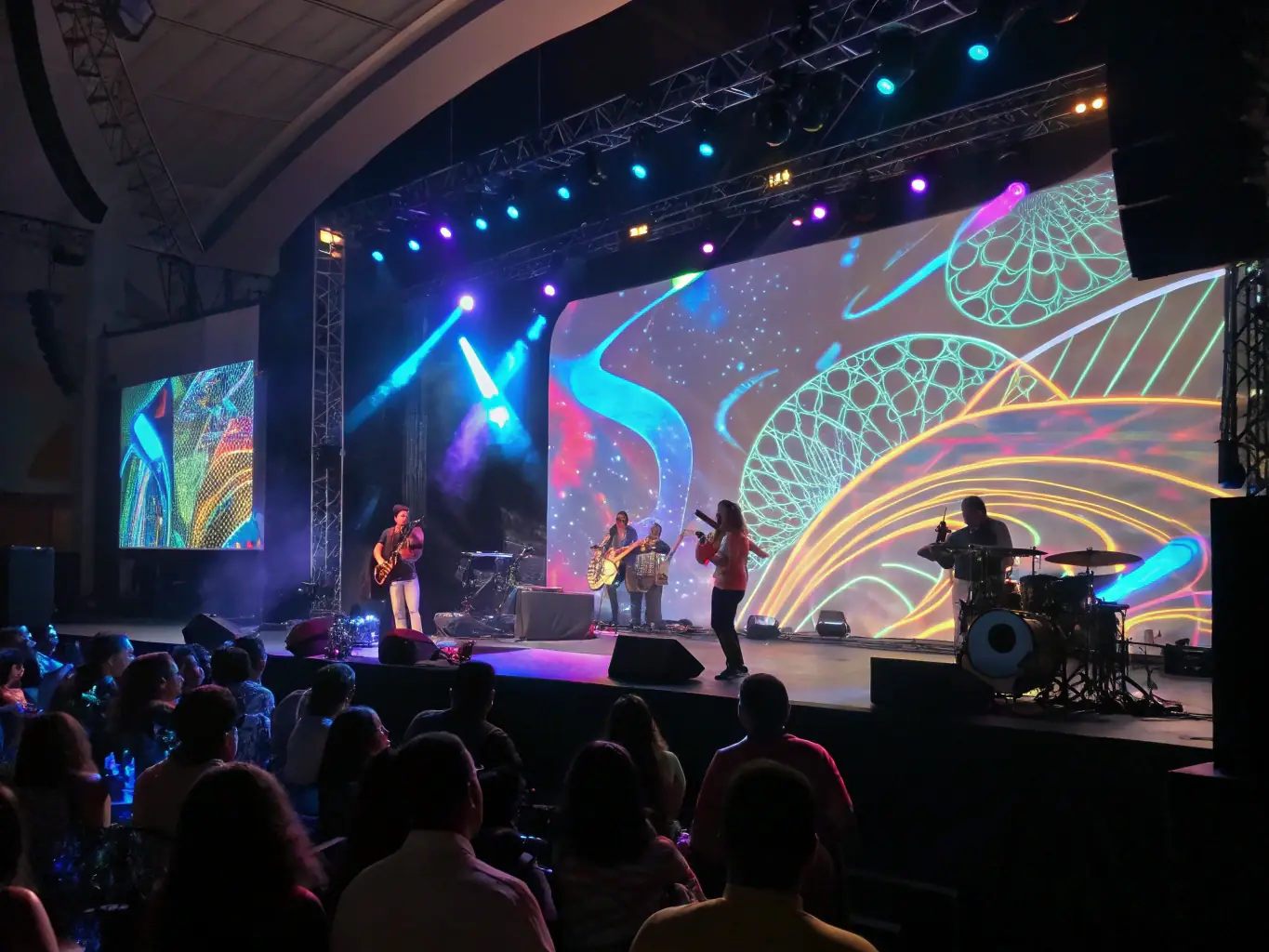 A vibrant photograph capturing a live performance supported by TOTAL HEAVEN, showcasing artists in action with engaged audience members in the background. The lighting is warm and inviting, highlighting the energy of the event.